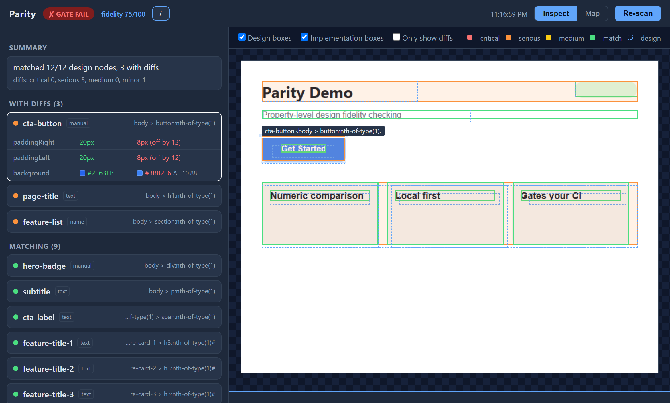 parity serve 本機報告 UI:左側落差清單展開 cta-button 的內距與背景色落差，右側頁面截圖疊上設計框與實作框，選中元素高亮